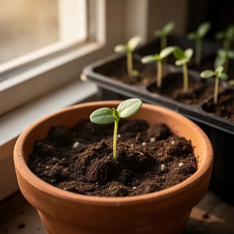 Young butter bean seedling with broad cotyledon leaves emerging from warm garden soil
