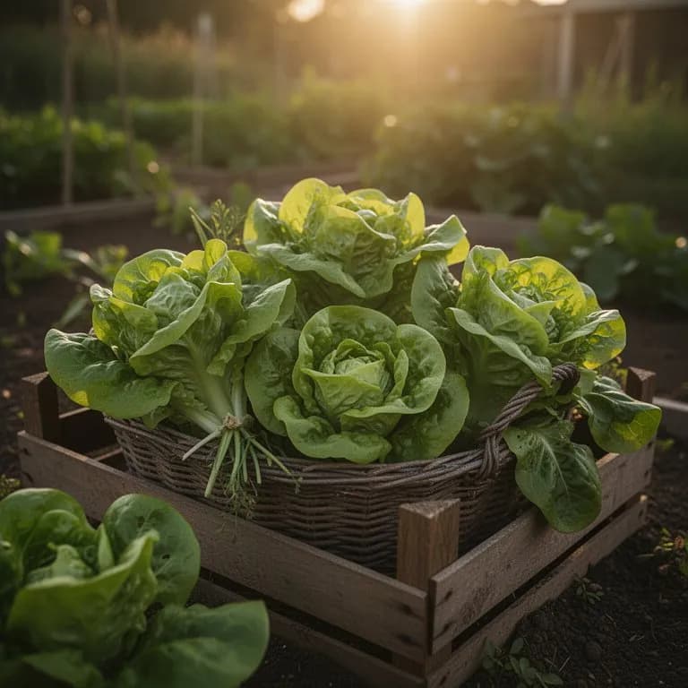 Frisch geerntete Buttersalatköpfe, angeordnet in einem Erntekorb aus Holz