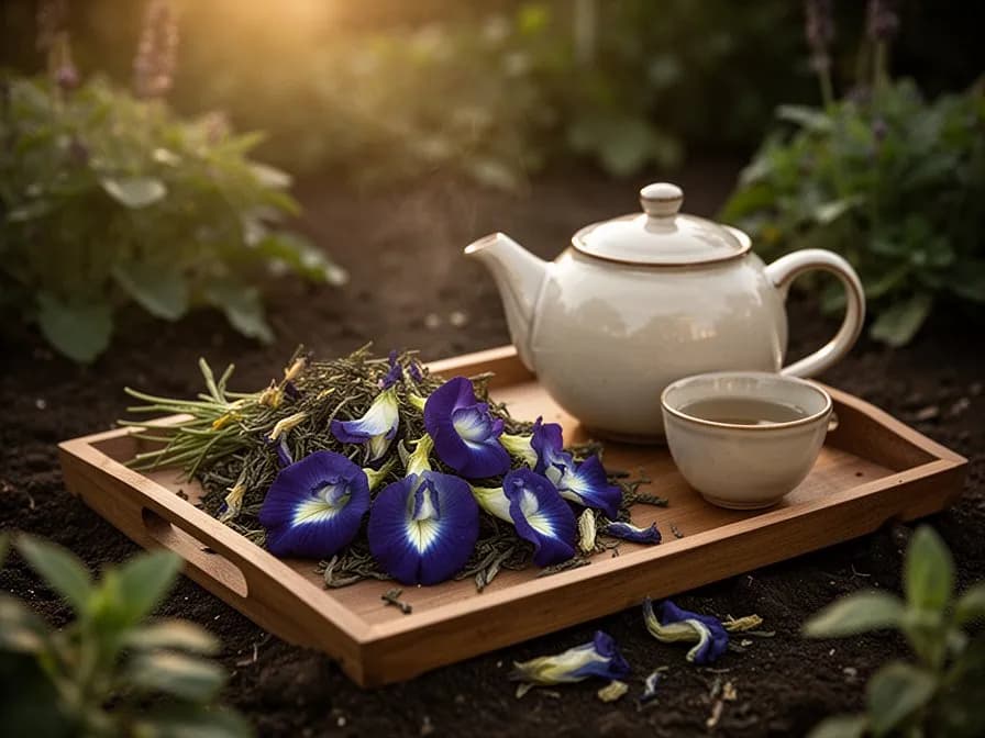 Schmetterlingserbsentee, der durch die Zugabe von Zitronensaft von tiefblau zu violett wechselt