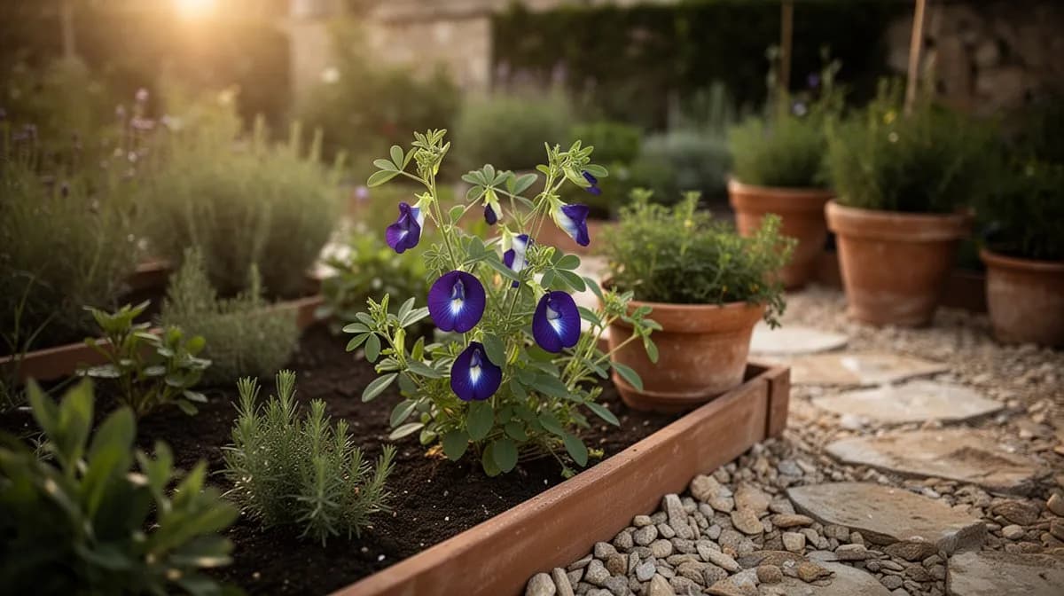 Schmetterlingserbsenpflanze wächst neben Gemüse in einem tropischen Gartenbeet