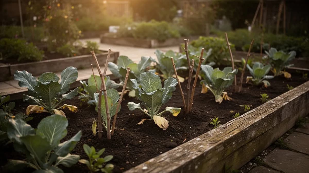 A row of walking stick cabbage plants growing in a coastal garden with the sea visible in the background