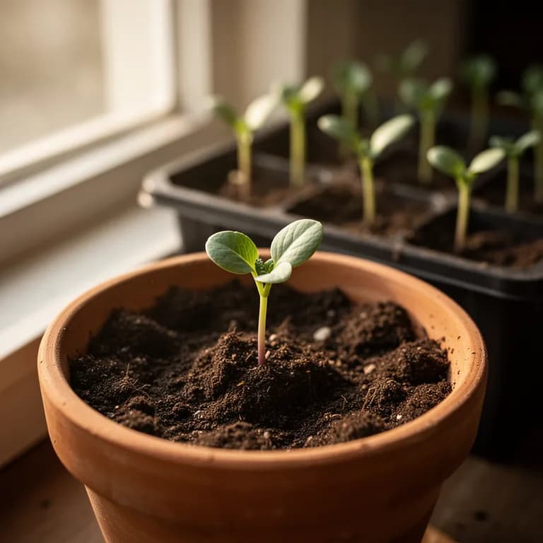 Young walking stick cabbage seedling with broad blue-green cotyledon leaves in a nursery pot
