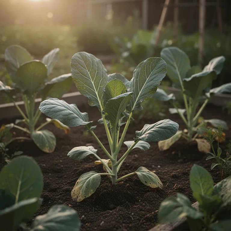 Large blue-green cabbage leaves growing in a rosette at the top of a tall walking stick cabbage stem