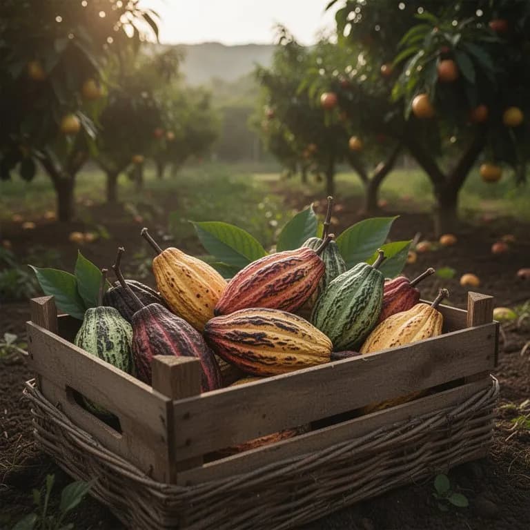 Grupo de vainas de cacao maduras que van del amarillo intenso al naranja vivo colgando del tronco