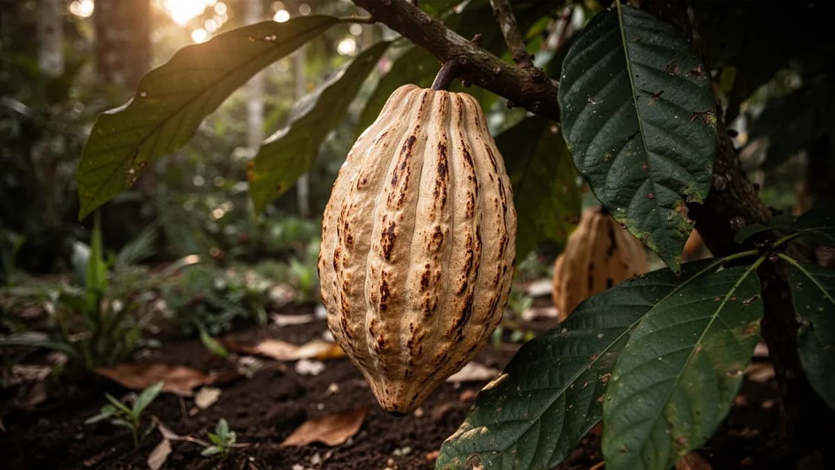Semillas de cacao y pulpa blanca amontonadas en cajas de fermentación de madera cubiertas con hojas de plátano