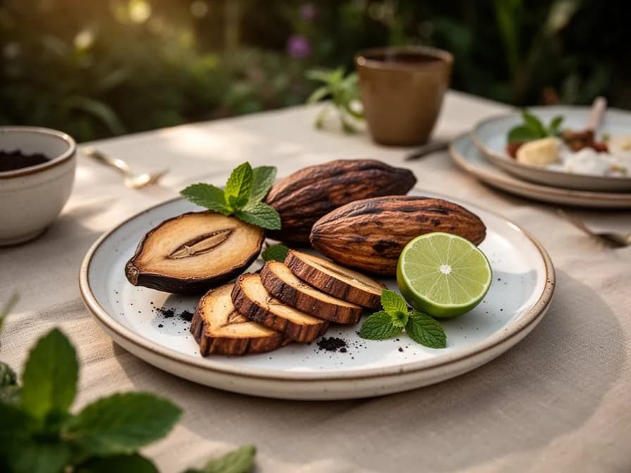 Kakaobohnen und weißes Fruchtfleisch, in mit Bananenblättern bedeckten Holzfermentationskisten aufgeschichtet