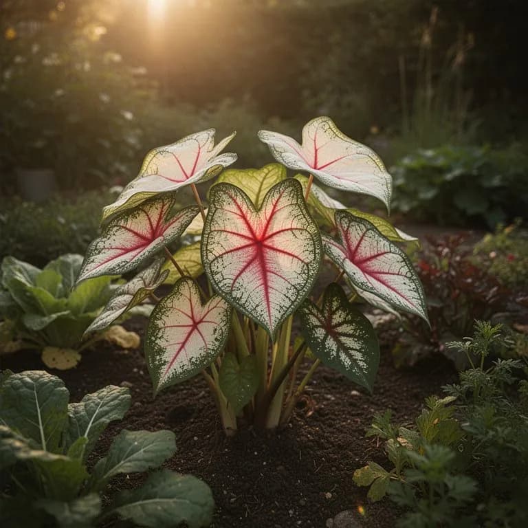Planta madura de caladio mostrando una copa completa de hojas coloridas y translúcidas