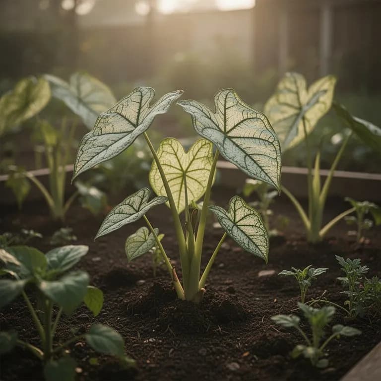 Ausgewachsene Caladium-Pflanze mit einem vollen Blätterdach aus farbenfrohen, durchscheinenden Blättern
