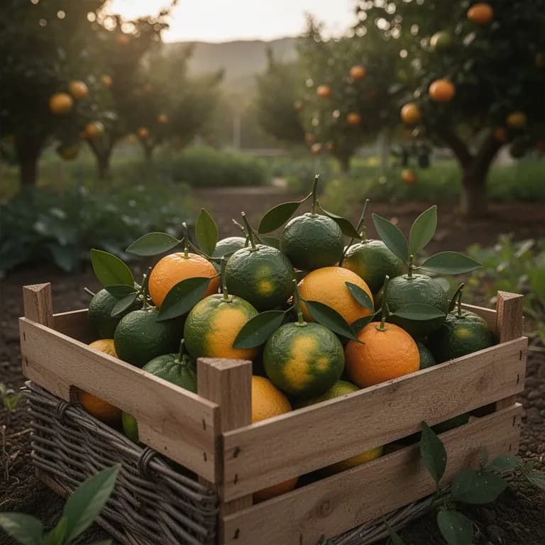 Basket of freshly harvested ripe orange calamansi fruits on a wooden surface