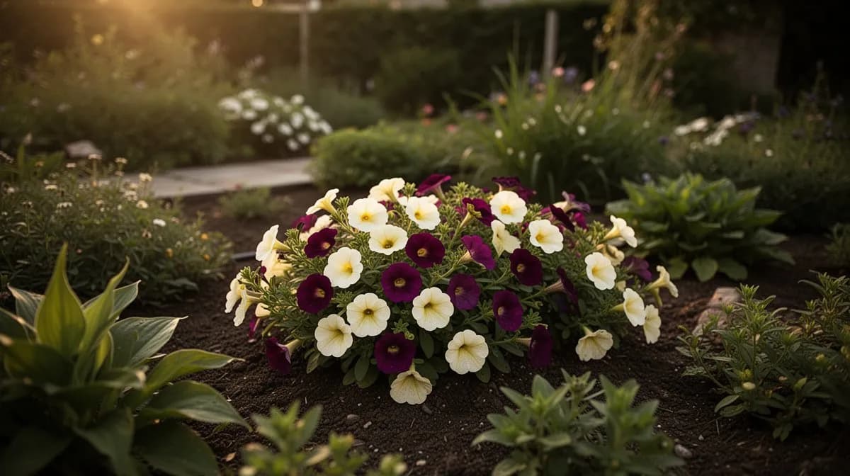 Calibrachoa in einem dekorativen Terrassenkübel neben anderen einjährigen Pflanzen