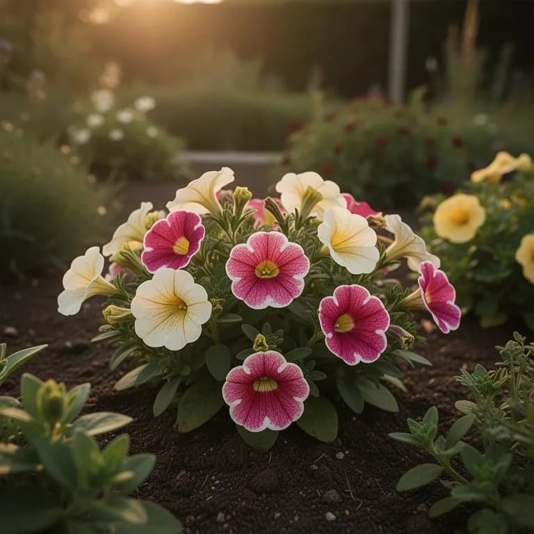 Variedades de calibrachoa en rojo, amarillo, rosa, púrpura y naranja plantadas juntas