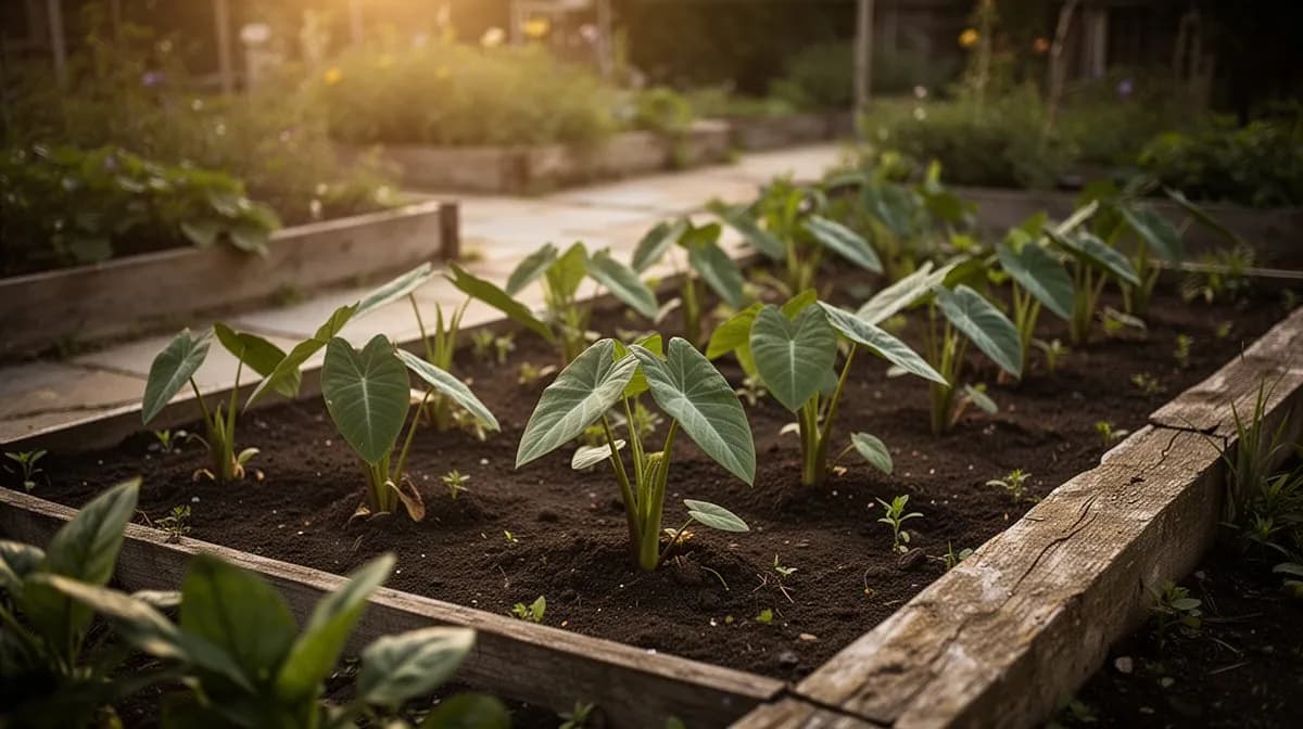 Rows of callaloo growing in a raised bed garden alongside peppers and herbs