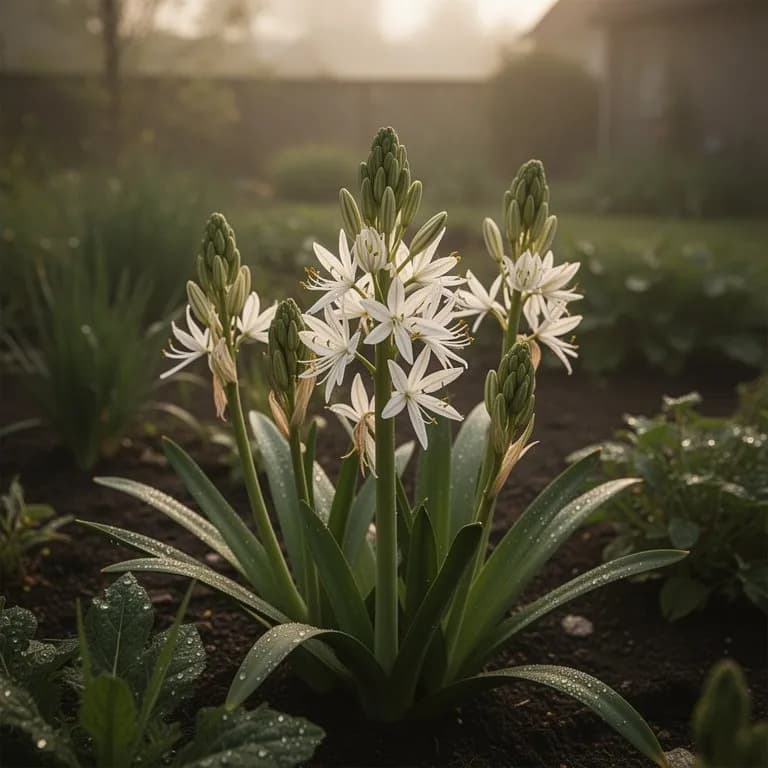 Primer plano de flores individuales de camassia con seis pétalos mostrando prominentes estambres amarillos sobre tépalos azul violeta