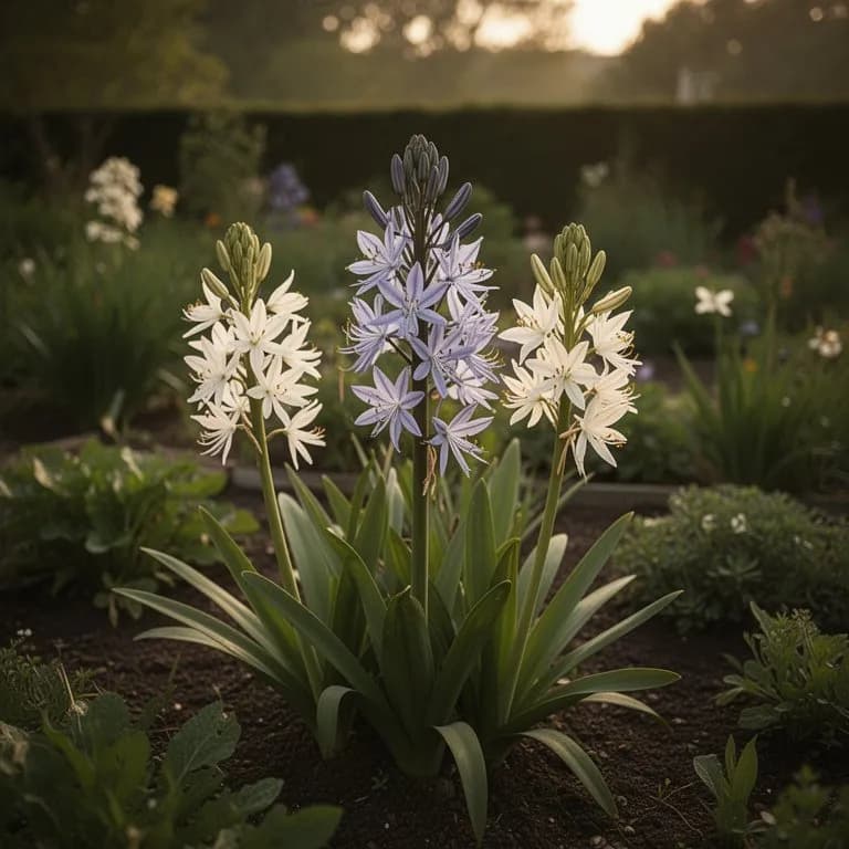 Camassia leichtlinii variedad Alba de flores blancas floreciendo junto a tipos de flores azules en una bordura de jardín