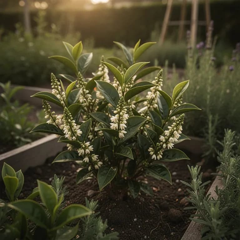 Delicadas flores blancas de la planta del té con estambres amarillo dorado