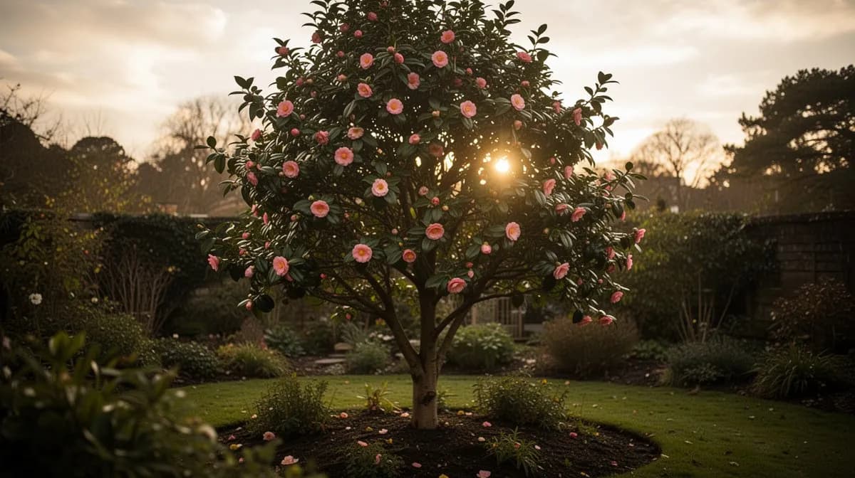 Camellia japonica plantada junto a azaleas y helechos en un parterre sombreado