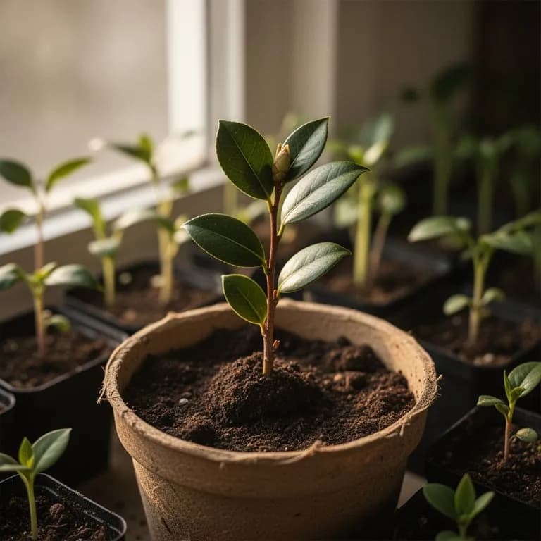Plántula joven de Camellia japonica con hojas de un verde oscuro brillante
