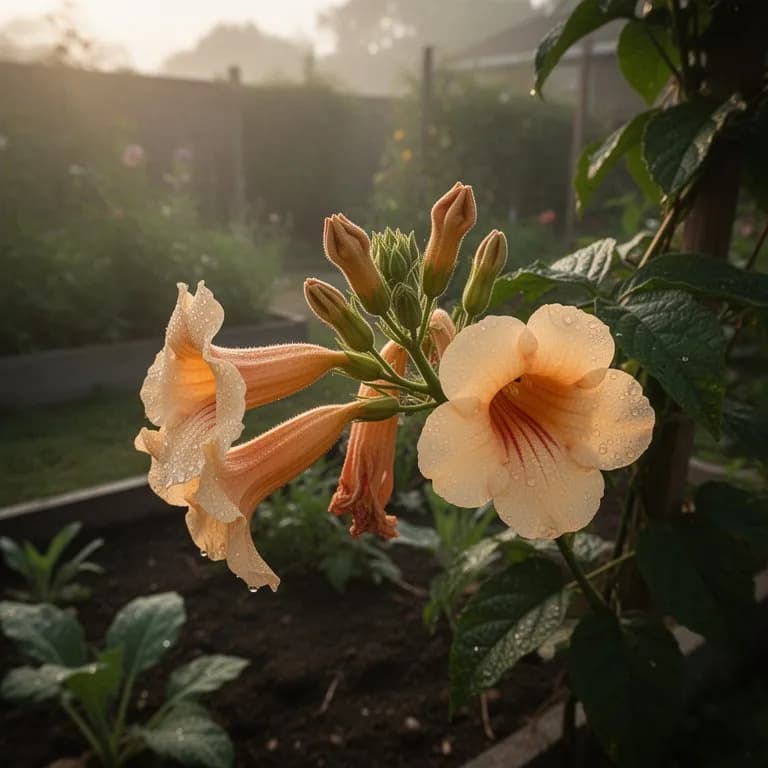 Nahaufnahme von Trompetenblumen-Blüten mit der ausgestellten Trompetenform und dem leuchtend orangefarbenen Inneren