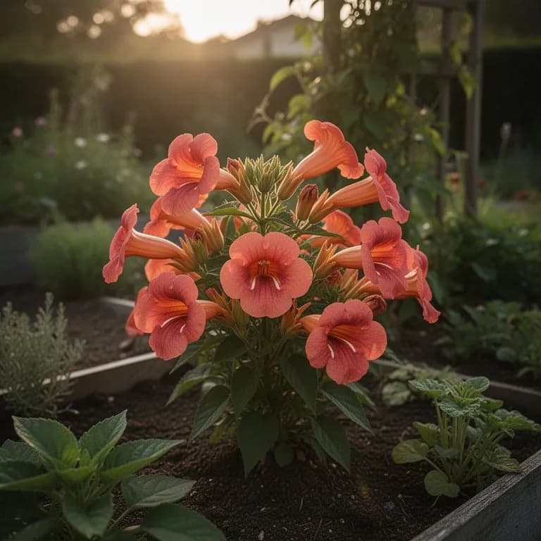 Verholzte Triebe der Trompetenblume im Winter nach dem Laubfall mit sichtbarer Verzweigungsstruktur