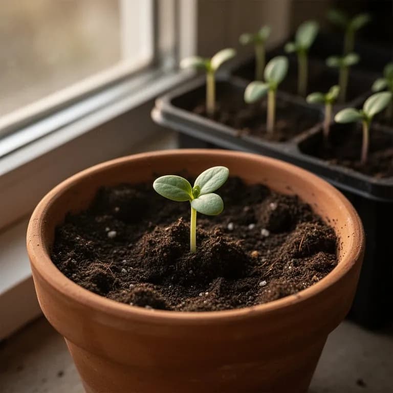 Junger Cannellini-Bohnenkeimling mit glatten ovalen Keimblättern, der aus dunkler Gartenerde aufgeht