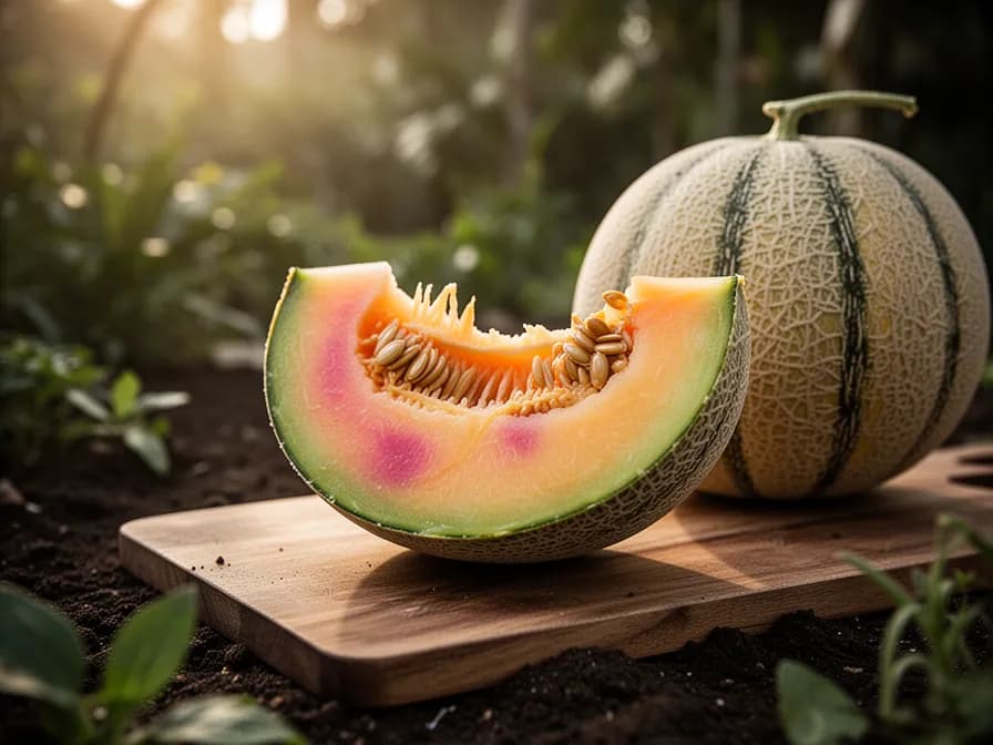 Frische Cantaloupe, halbiert, mit tiefem orangefarbenem Fruchtfleisch und Samenhöhle