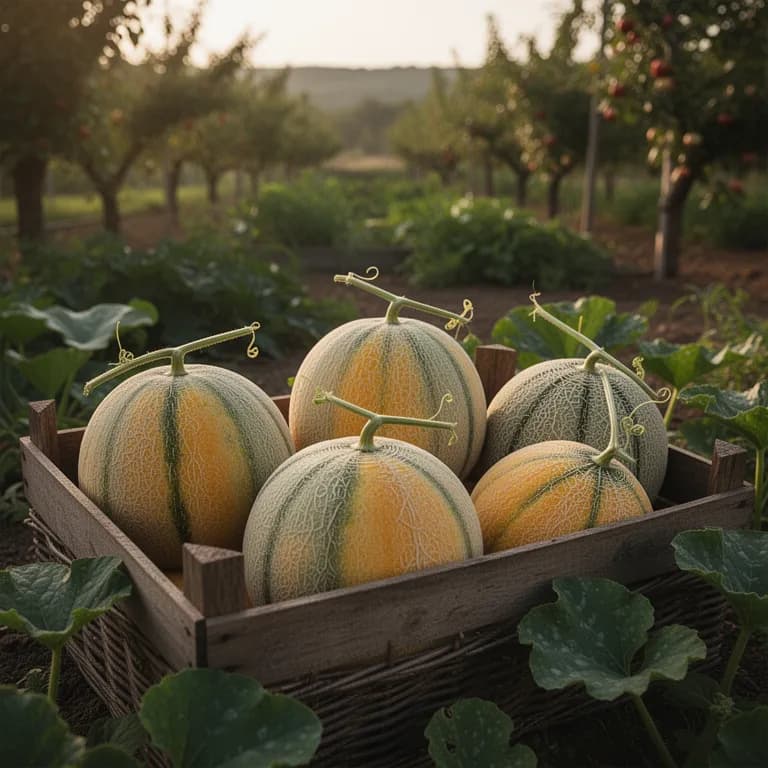 Kleine grüne Cantaloupefrucht, die sich an der Ranke entwickelt, mit beginnendem charakteristischem Netzmuster