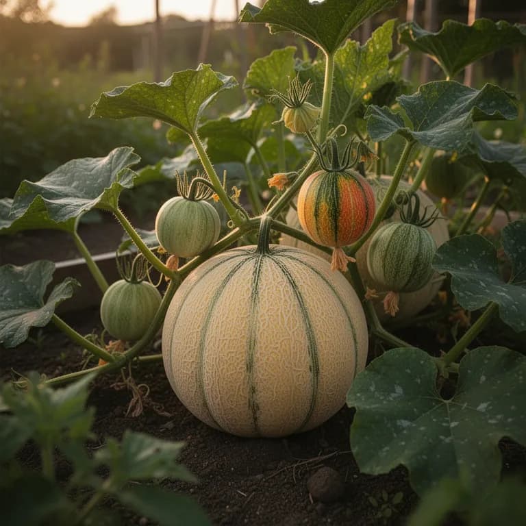 Reife Cantaloupe an der Ranke mit vollständigem beige-goldenem Netzmuster und goldener Schalenfarbe