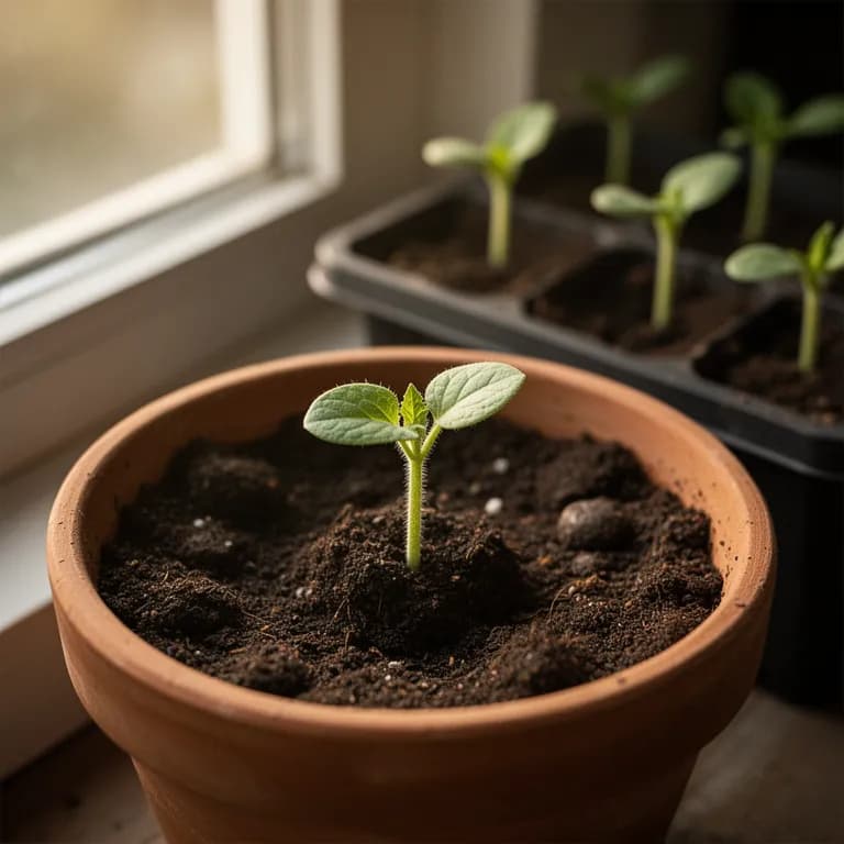 Junger Cantaloupesämling mit runden Keimblättern, der aus warmem Gartenboden hervortritt