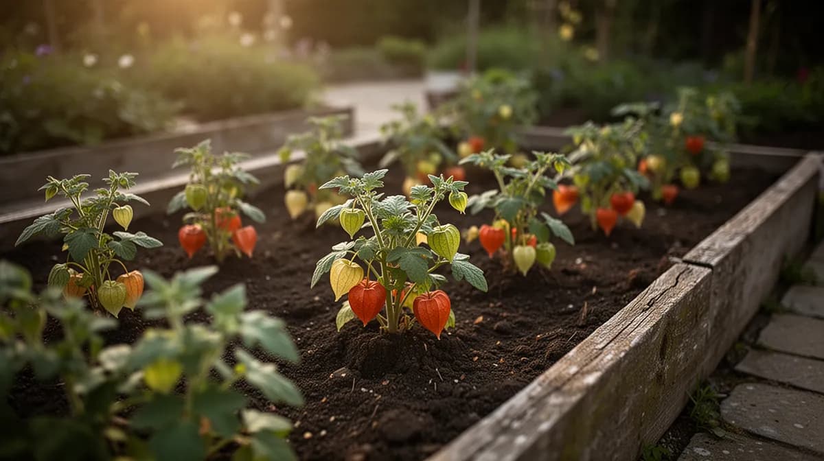 Bushy cape gooseberry plant laden with papery husks growing in a sunny garden bed