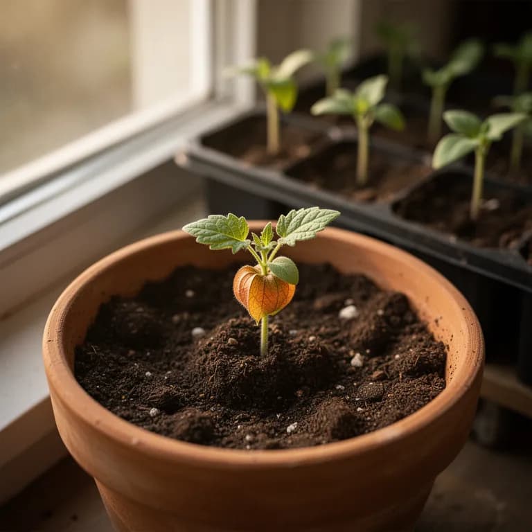 Young cape gooseberry seedling with fuzzy heart-shaped leaves emerging from a seed tray