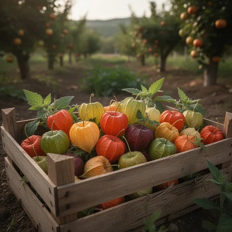 Reife goldorange Kapstachelbeere mit zurückgeklappter Papierhülle, die die glänzende Frucht im Inneren freigibt