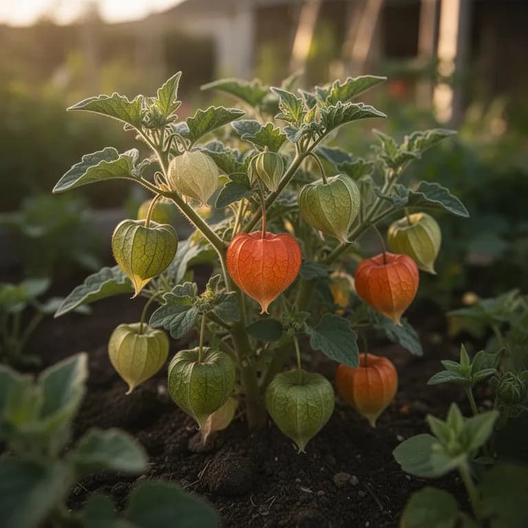 Una planta adulta de uchuva, frondosa, creciendo en un bancal elevado sostenida por una jaula para tomates