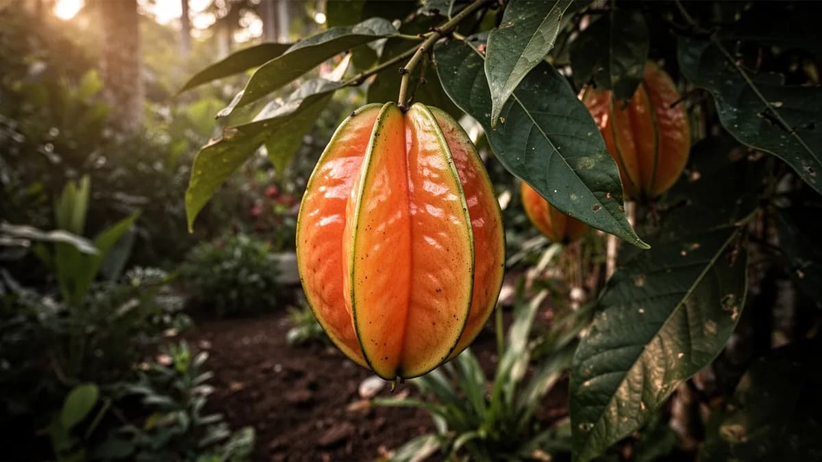 Sección transversal de una fruta estrella que muestra la perfecta forma de estrella de cinco puntas con pulpa dorada translúcida