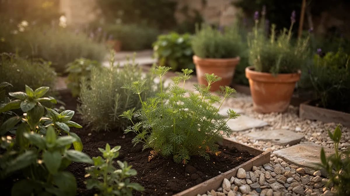 Fila establecida de plantas de alcaravea creciendo en un jardín soleado de hierbas con follaje verde plumoso