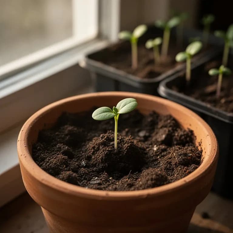 Plántulas jóvenes de alcaravea con hojas finamente divididas y plumosas que emergen del suelo oscuro del jardín