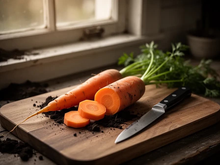 Querschnitt einer Chantenay-Karotte mit tiefem orangefarbenem Fleisch und kleinem Kern