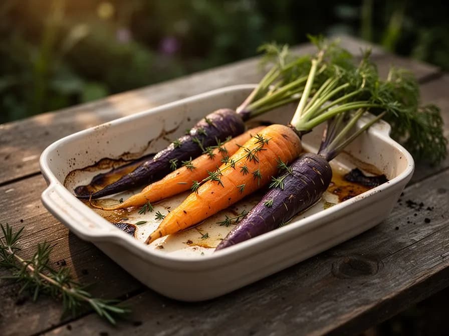 Geröstete Cosmic Purple Karottenhälften auf einem Backblech mit karamelisierten Rändern und violett-orangefarbener Tönung