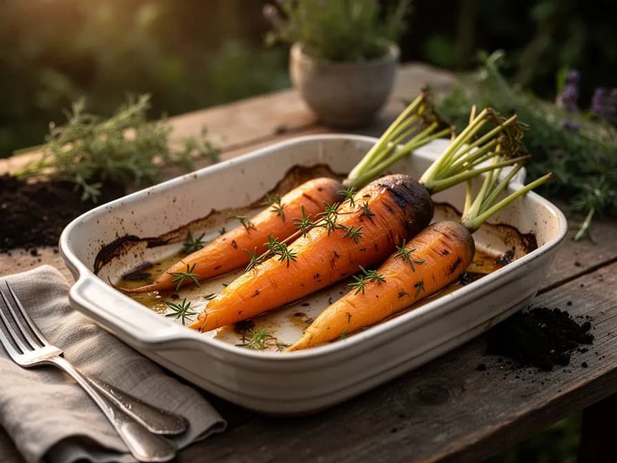 Roasted Kuroda carrots caramelized golden brown on a baking sheet