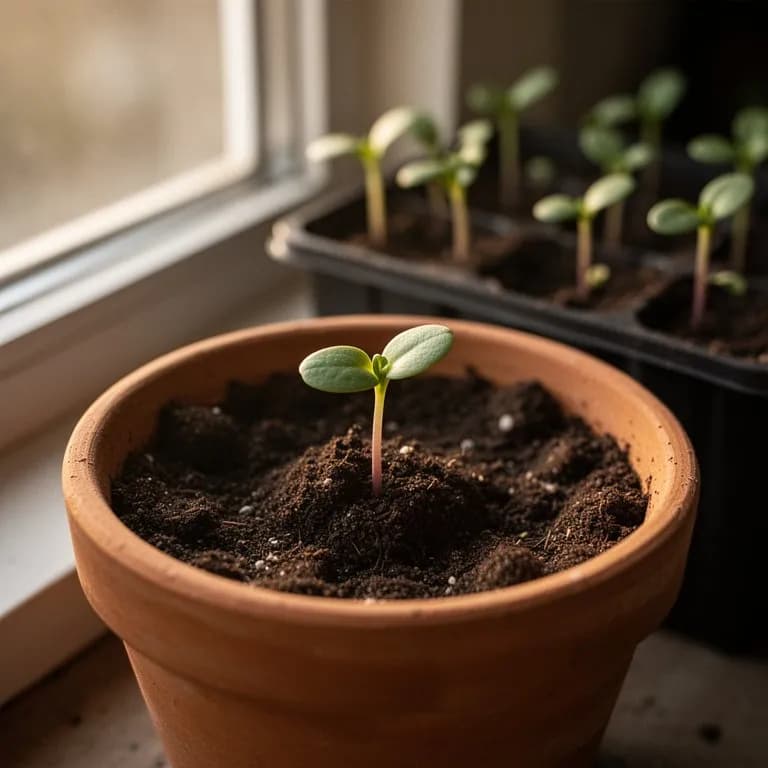 Tiny carrot seedlings with feathery first true leaves emerging in a row