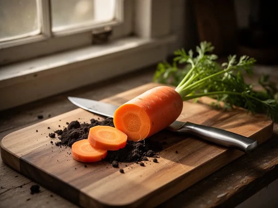 Querschnitt einer Ochsenherzkarotte, der tief orangefarbenes Fleisch mit einem kleinen Kern zeigt