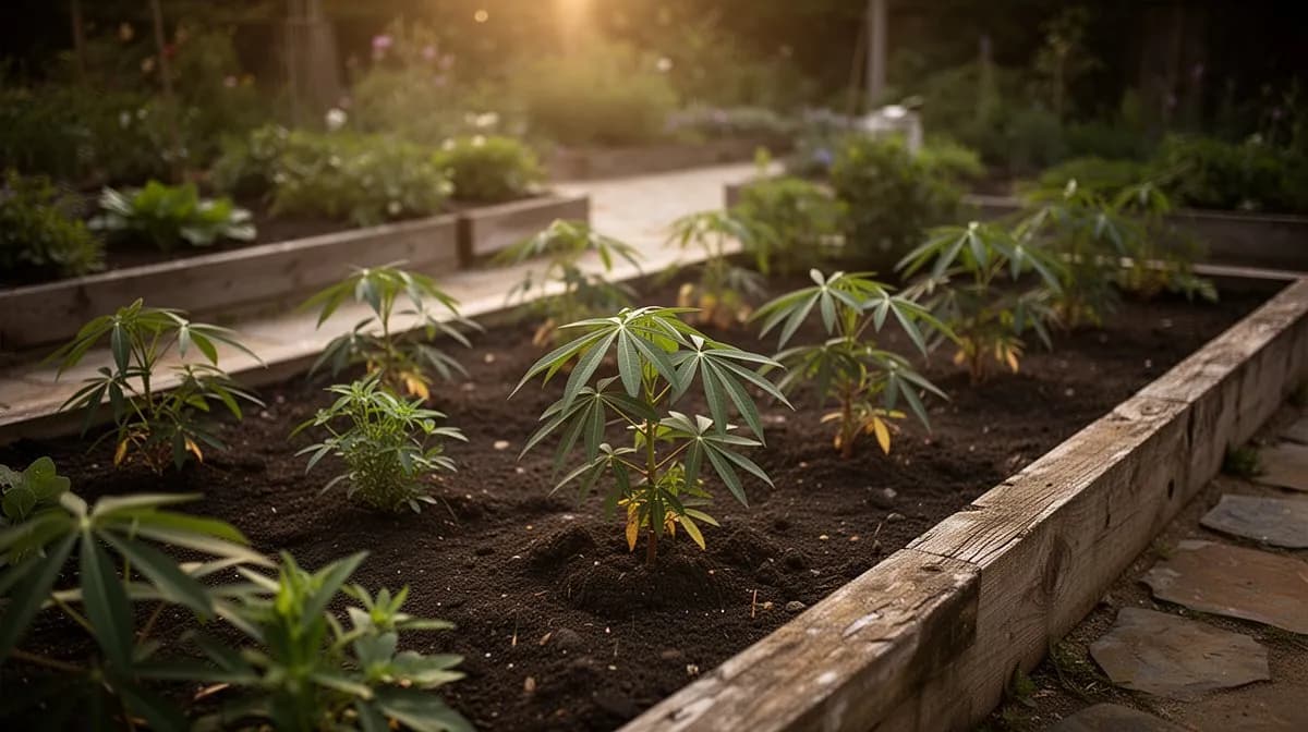 Row of sweet cassava plants growing in a tropical garden with lush green foliage