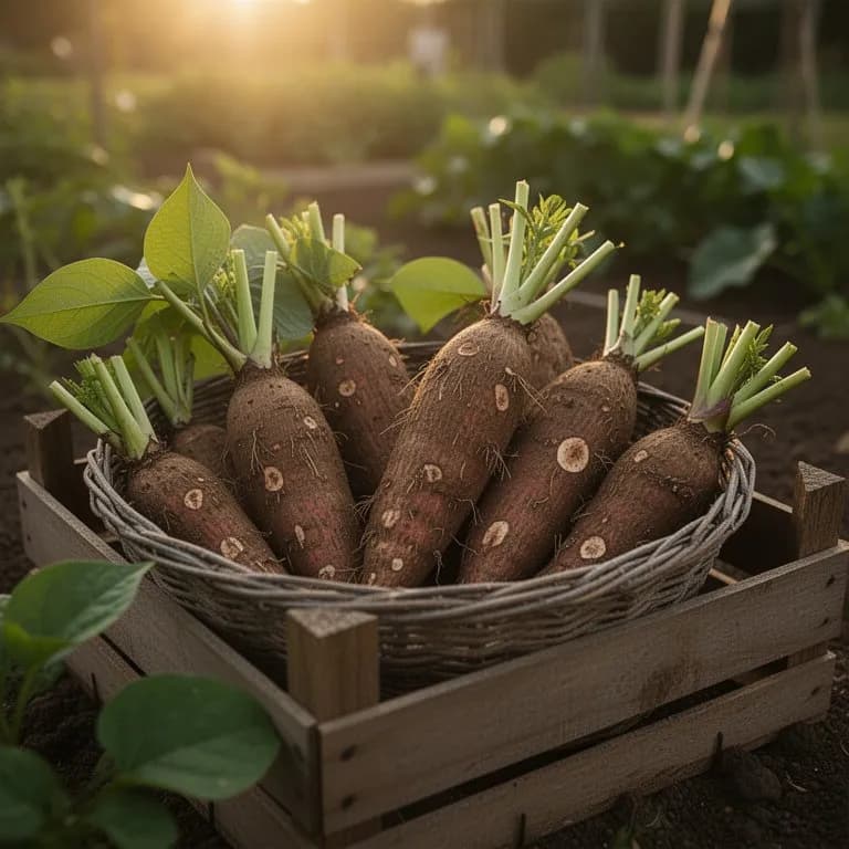 Freshly harvested sweet cassava roots pulled from the soil showing long tuberous roots attached to the stem base