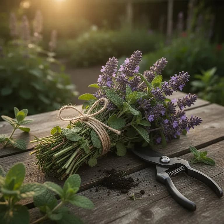 Tallos de nepeta recién cortados sobre una superficie de madera