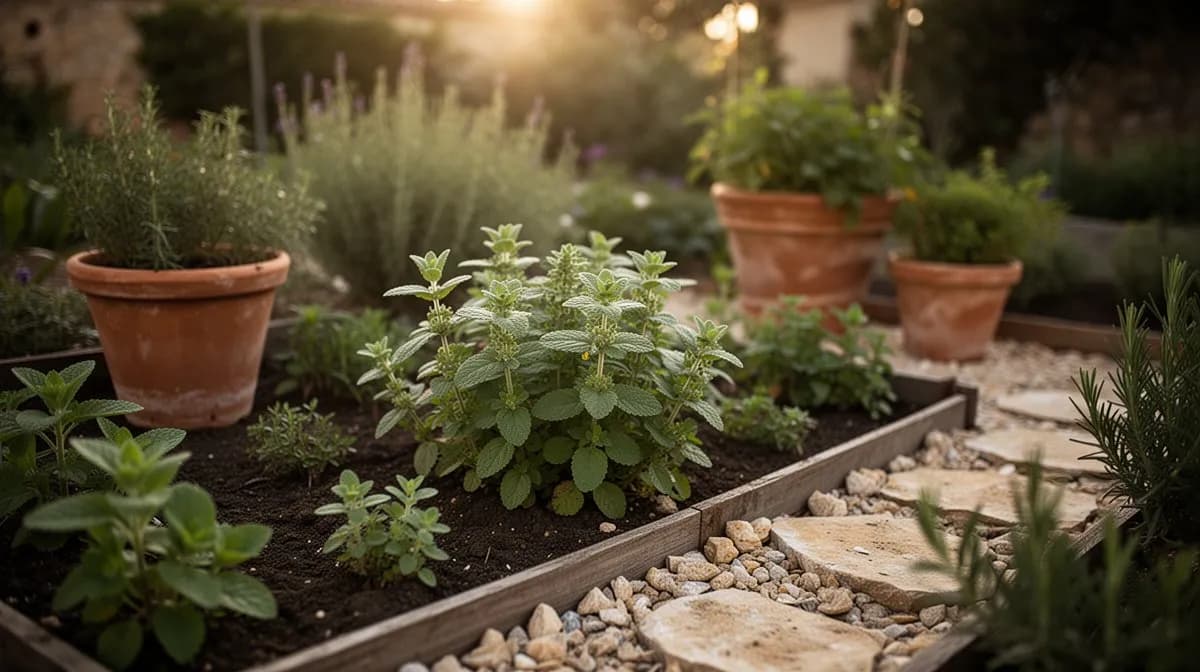 Catnip growing in a mixed herb garden border alongside lavender and sage