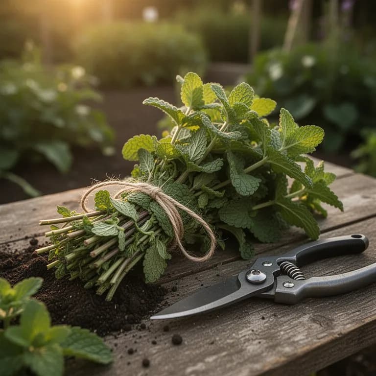 Freshly harvested catnip stems bundled together on a wooden surface