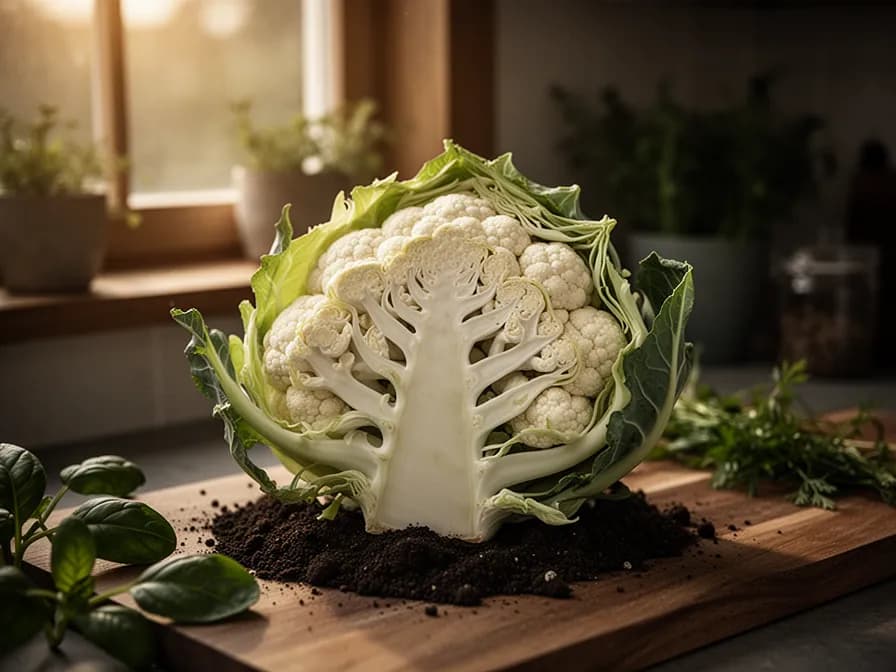 Hojas de coliflor dobladas sobre el curdo en desarrollo para blanqueo