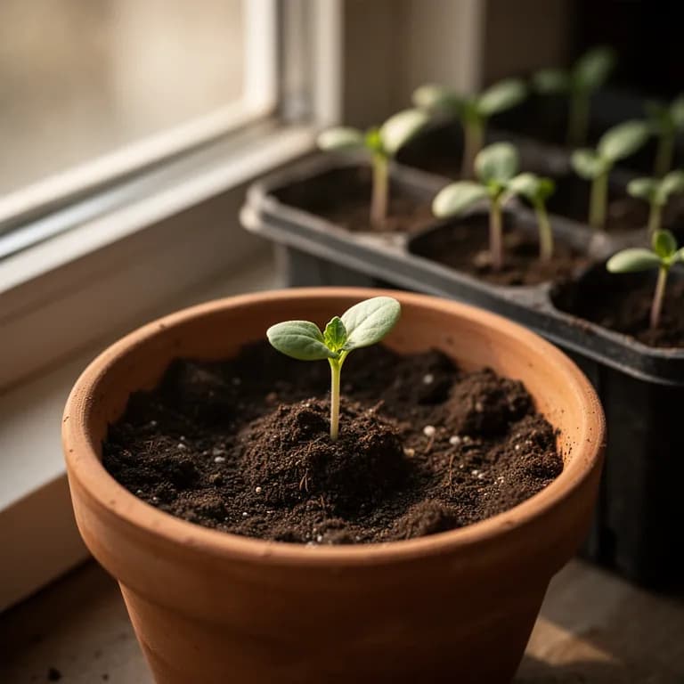 Plántulas jóvenes de coliflor con hojas verdaderas anchas