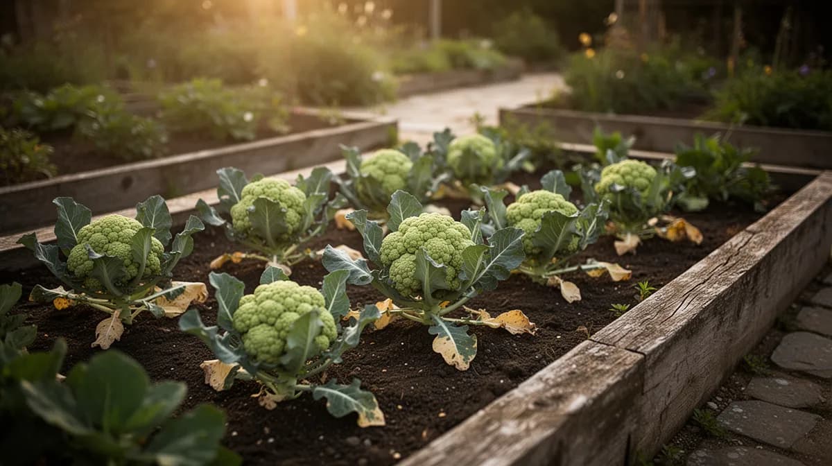 Reihe kräftig wachsender grüner Blumenkohlpflanzen in einem gepflegten Gemüsegarten