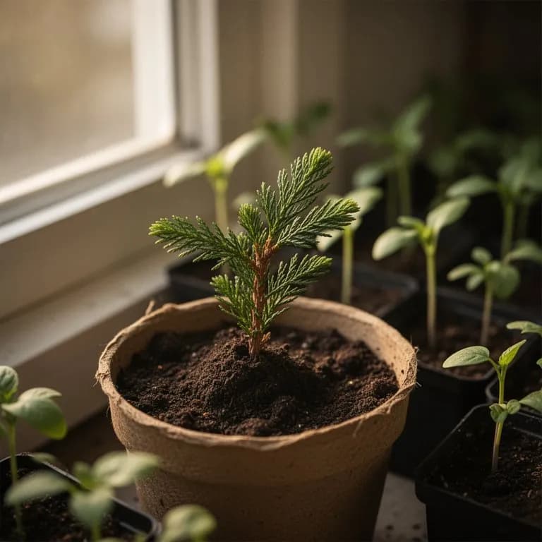 Plántula joven de cedro emergiendo del suelo