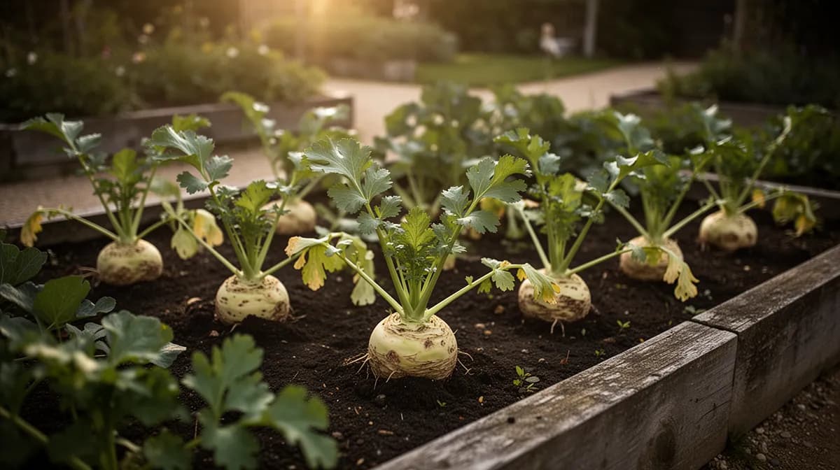 Knollensellerie-Pflanzen mit üppigem, sellerieartigem Laub in einem Gartenbeet